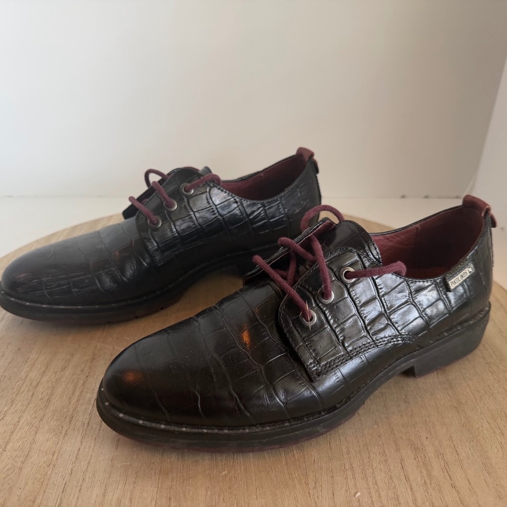 Pikolinos Black Croc Embossed Leather Lace Up Oxford Shoes Size 38 Women’s Spain